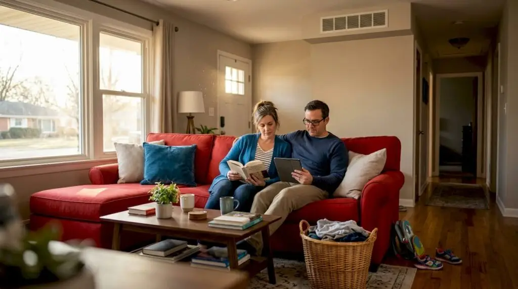 Homeowners relaxing in living room with visible vent