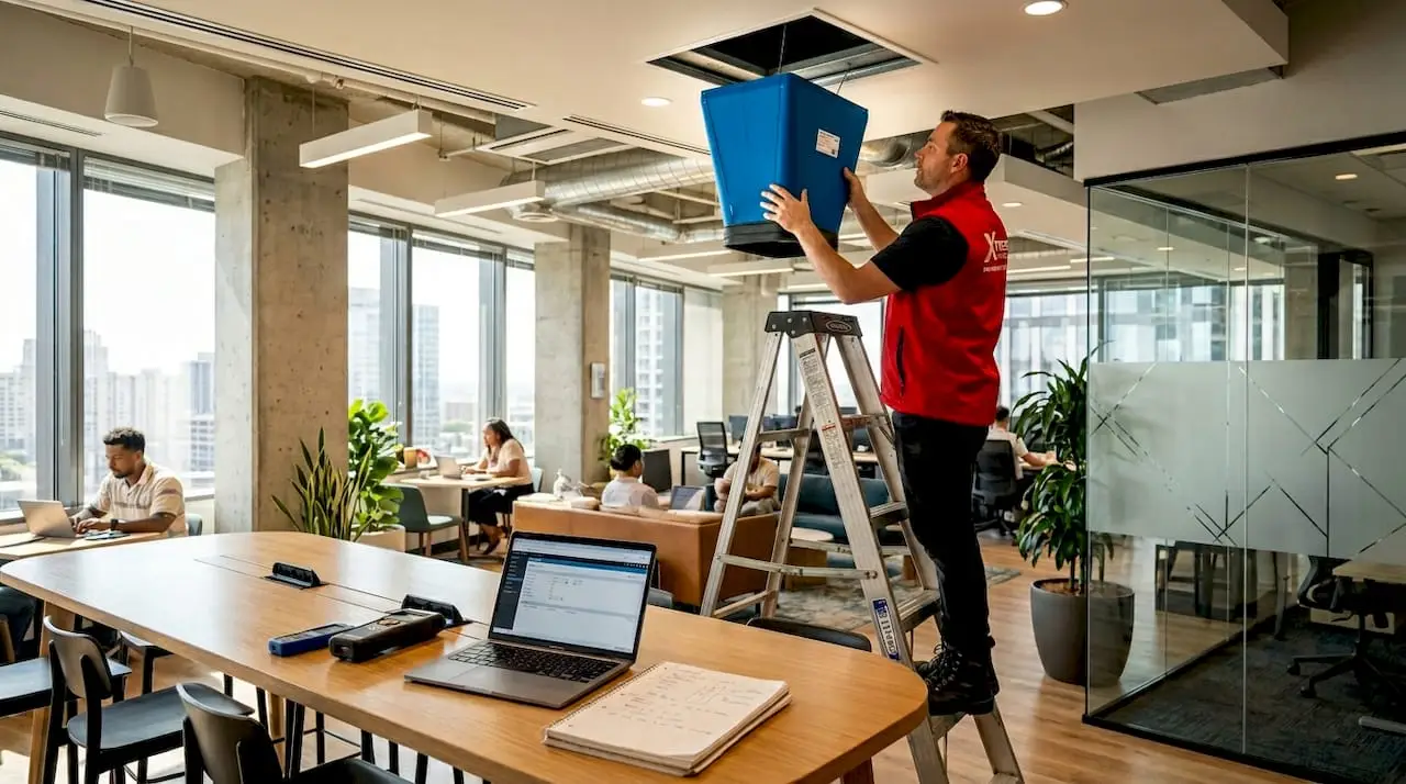 Technician adjusting office HVAC diffuser