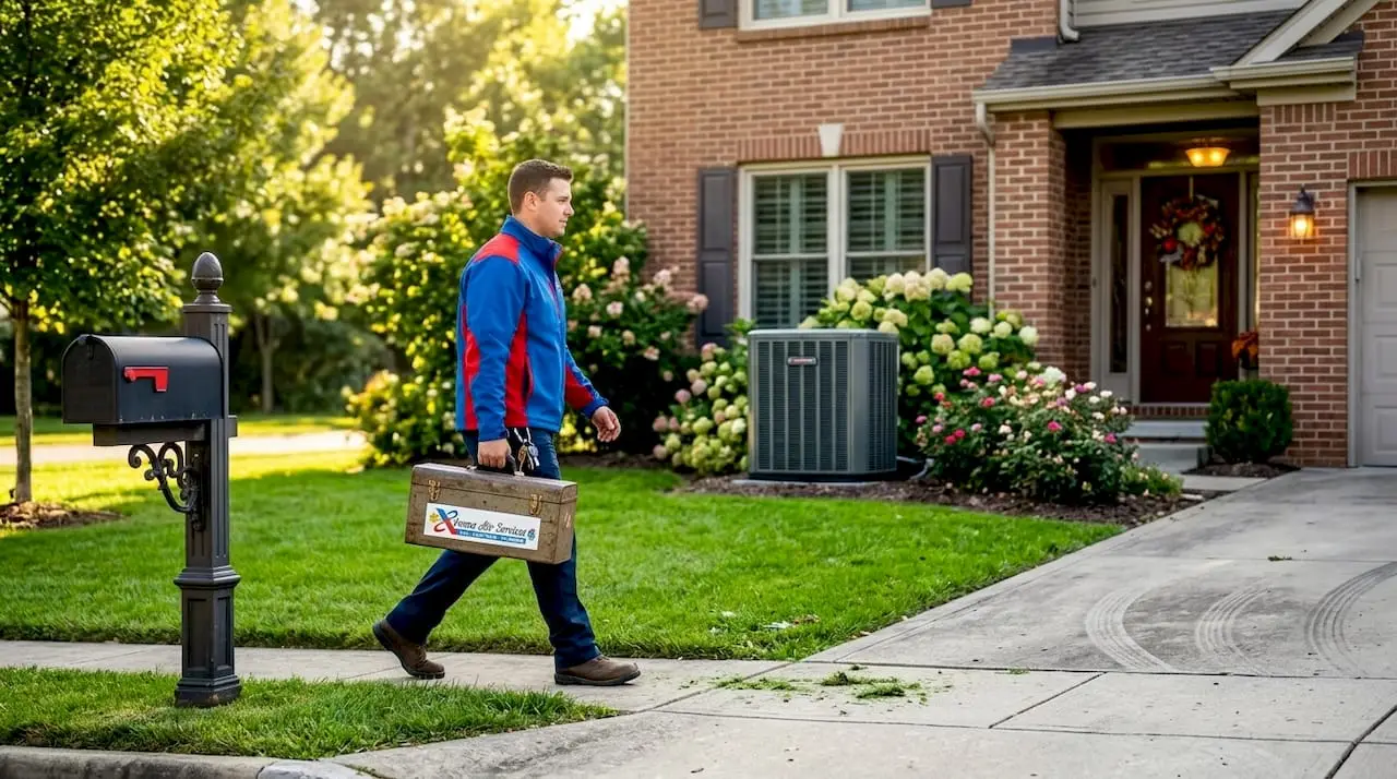 Homeowner approaching house with AC unit visible
