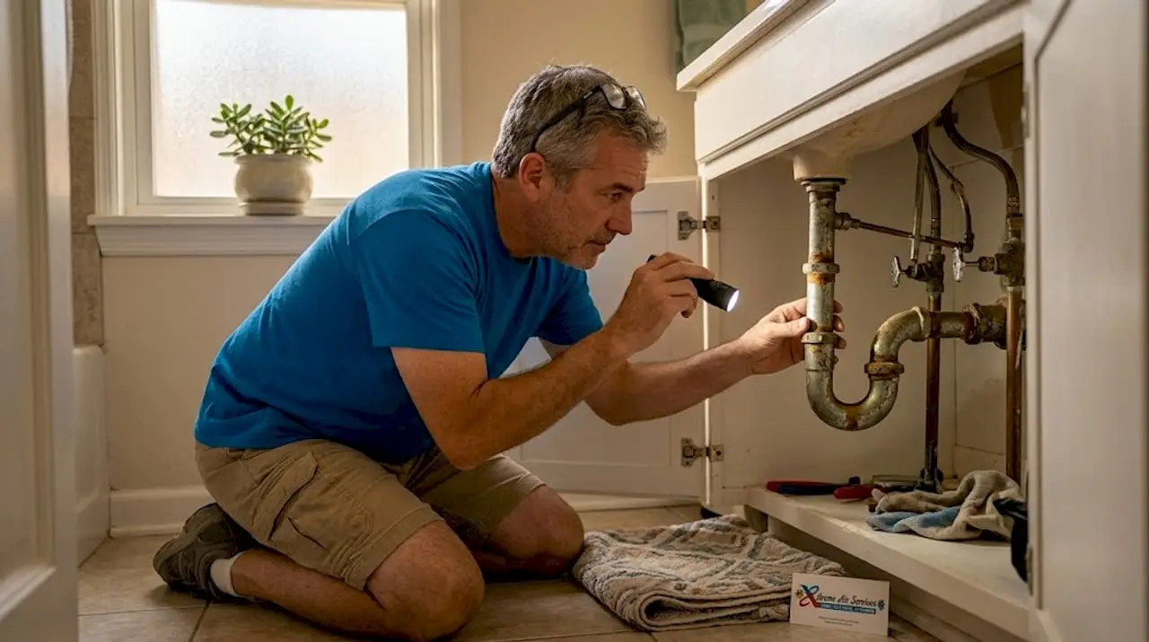 Homeowner inspecting pipes under kitchen sink