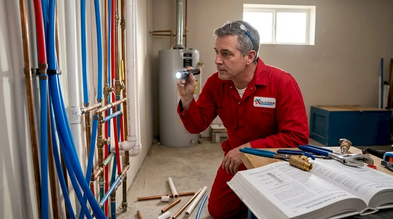 Plumber inspecting different home pipe types