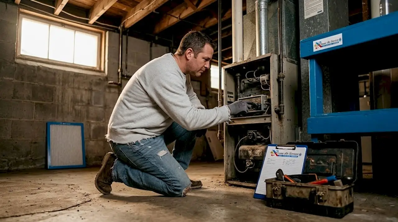 Homeowner checking basement furnace controls