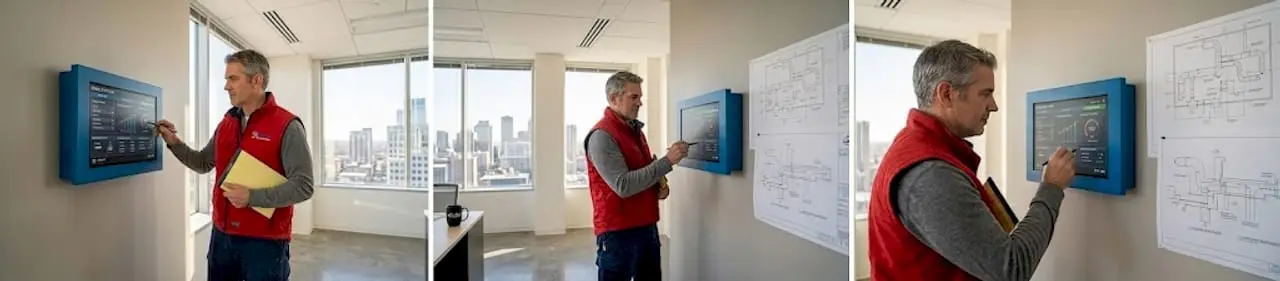 Engineer reviewing air handler unit touchscreen