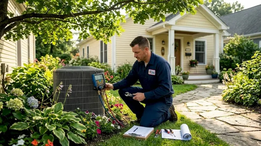 HVAC technician measures air conditioner outdoors