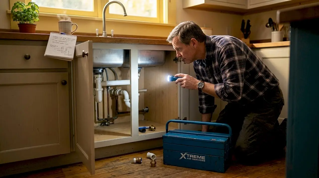 Homeowner inspecting kitchen plumbing under sink