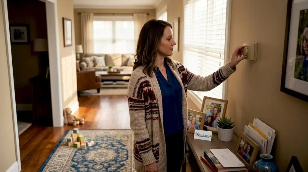Homeowner adjusting thermostat in sunlit hallway