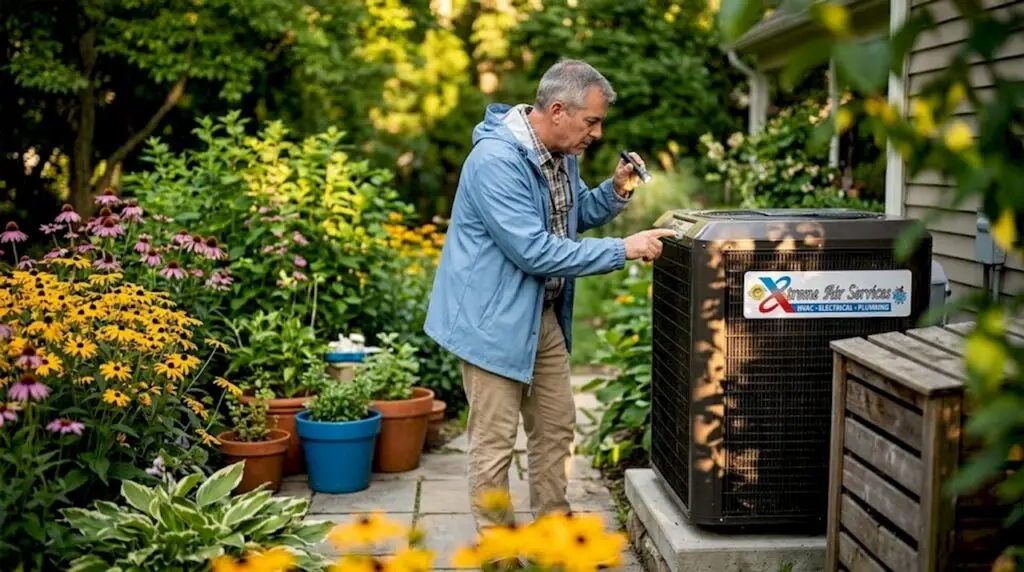 Homeowner checking heat pump unit outdoors