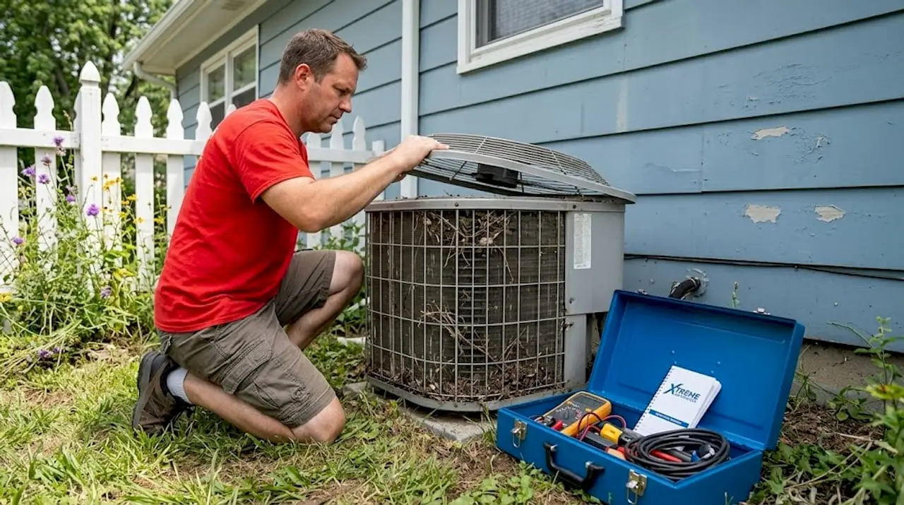 Homeowner working on AC condenser unit