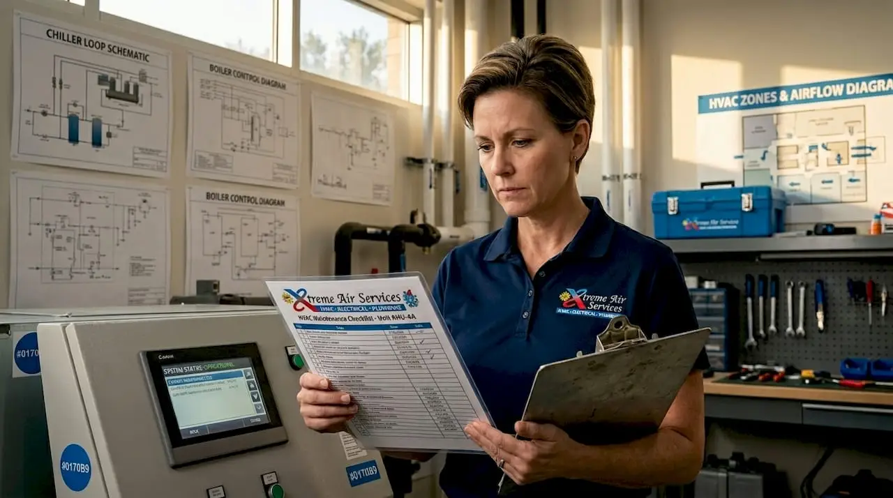 Facility manager reviewing HVAC checklist in mechanical room