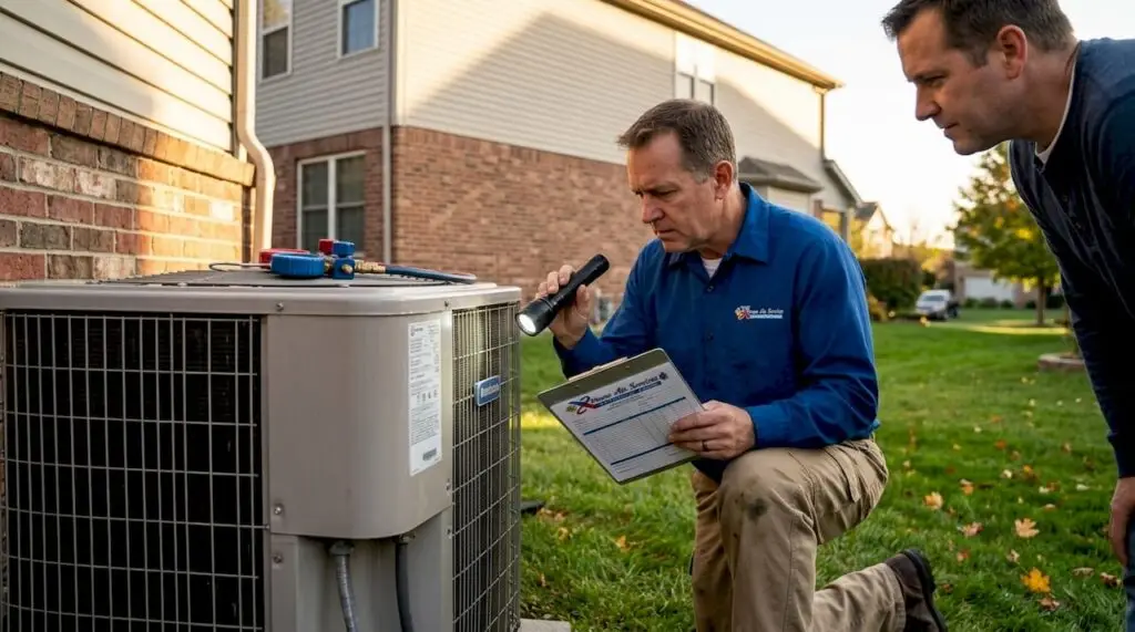 HVAC technician inspecting aging outdoor unit