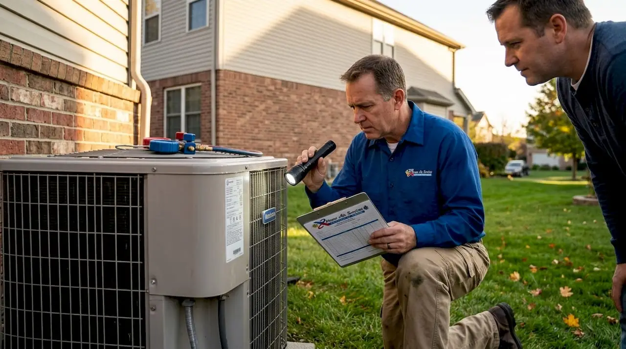 HVAC technician inspecting aging outdoor unit