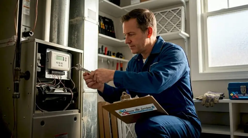 Technician inspecting residential furnace for winter