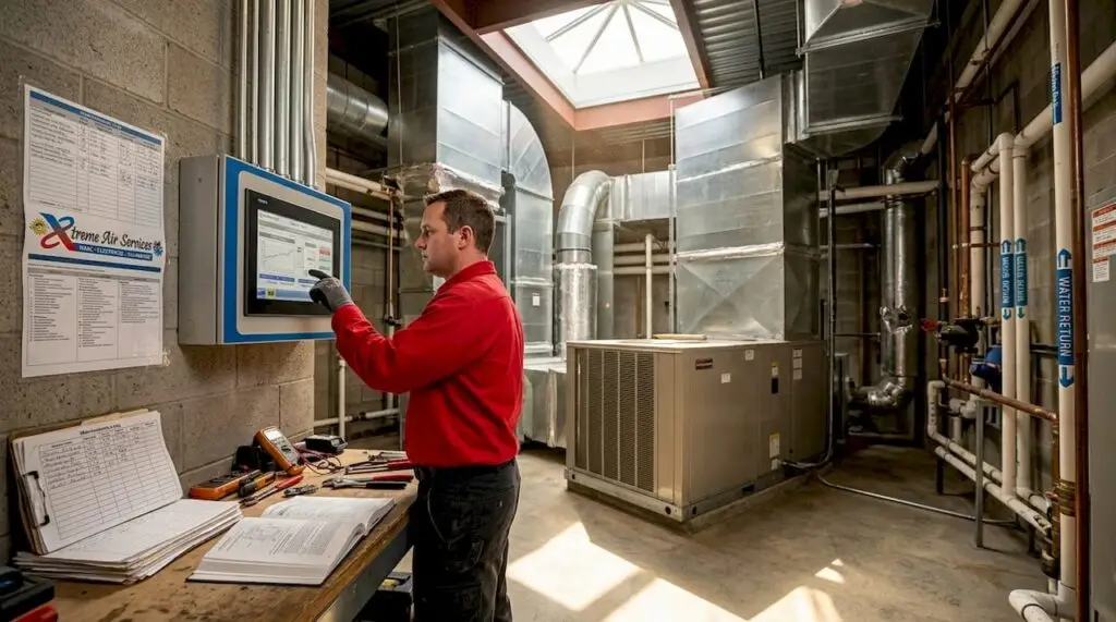HVAC technician inspecting commercial system