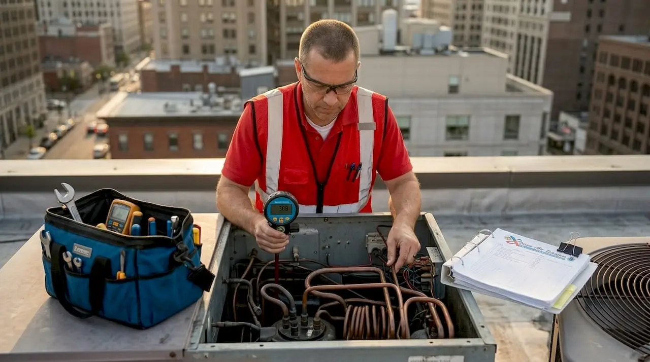 Technician inspecting rooftop commercial cooling unit
