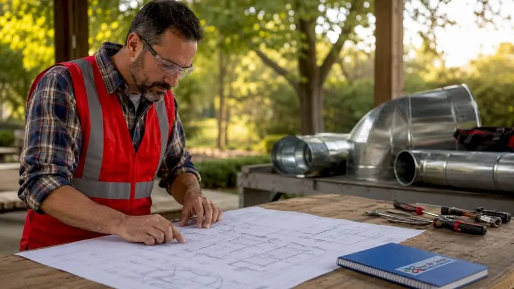 Engineer reviewing commercial ductwork blueprints