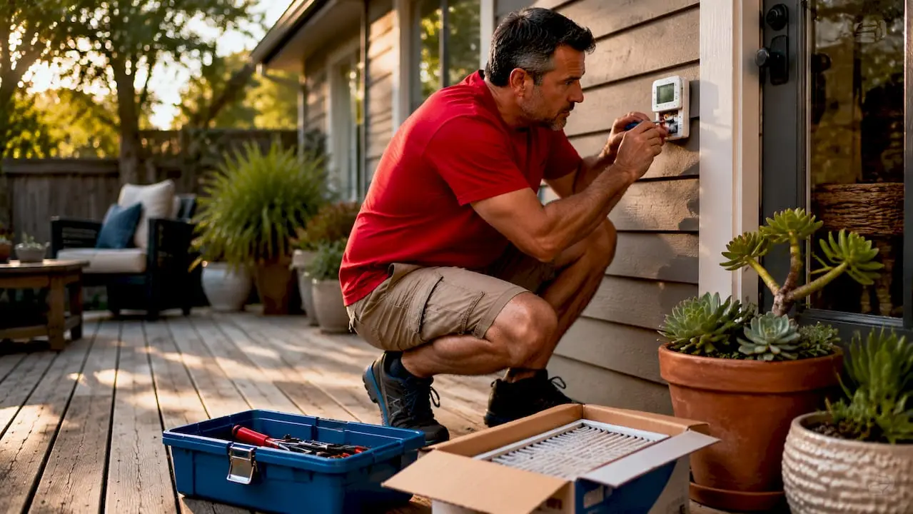 Homeowner adjusting thermostat indoors