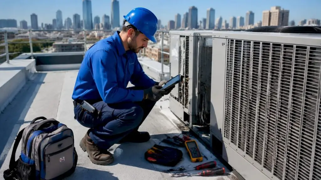 Technician servicing rooftop HVAC unit