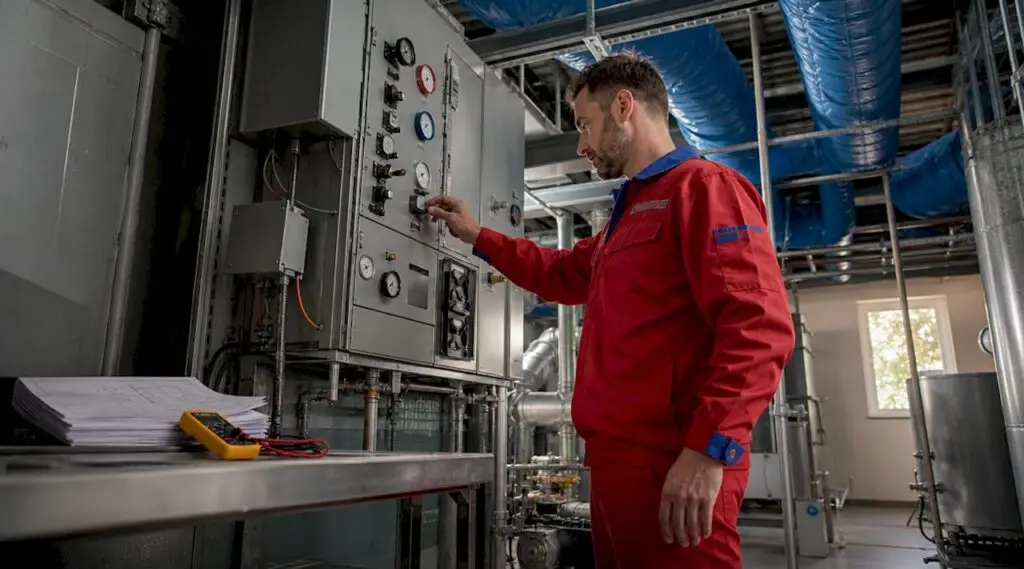 Technician inspecting VAV HVAC control panel