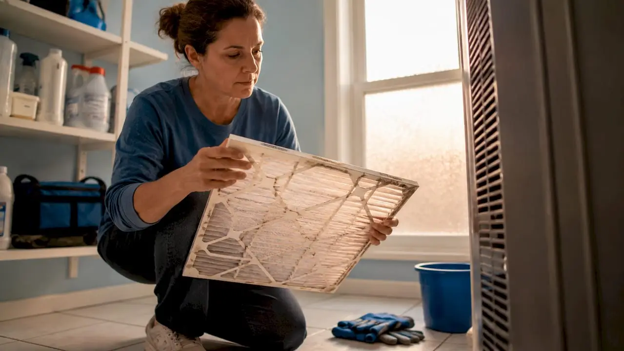Woman inspecting home HVAC air filter
