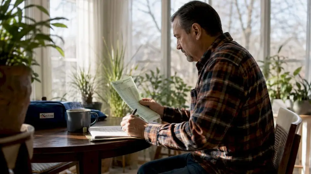 Man reviewing heating bill at kitchen table