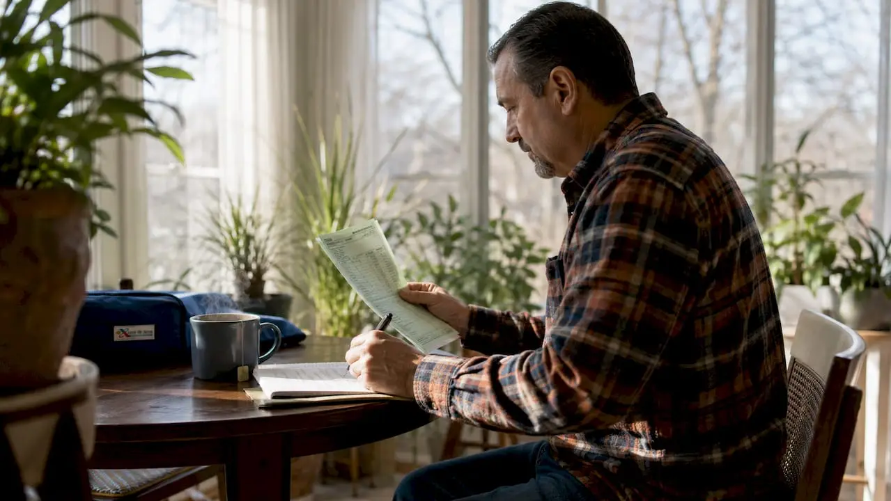 Man reviewing heating bill at kitchen table