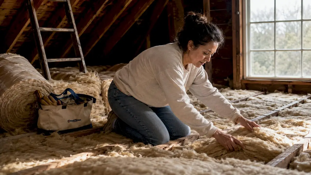 Woman installing insulation in home attic