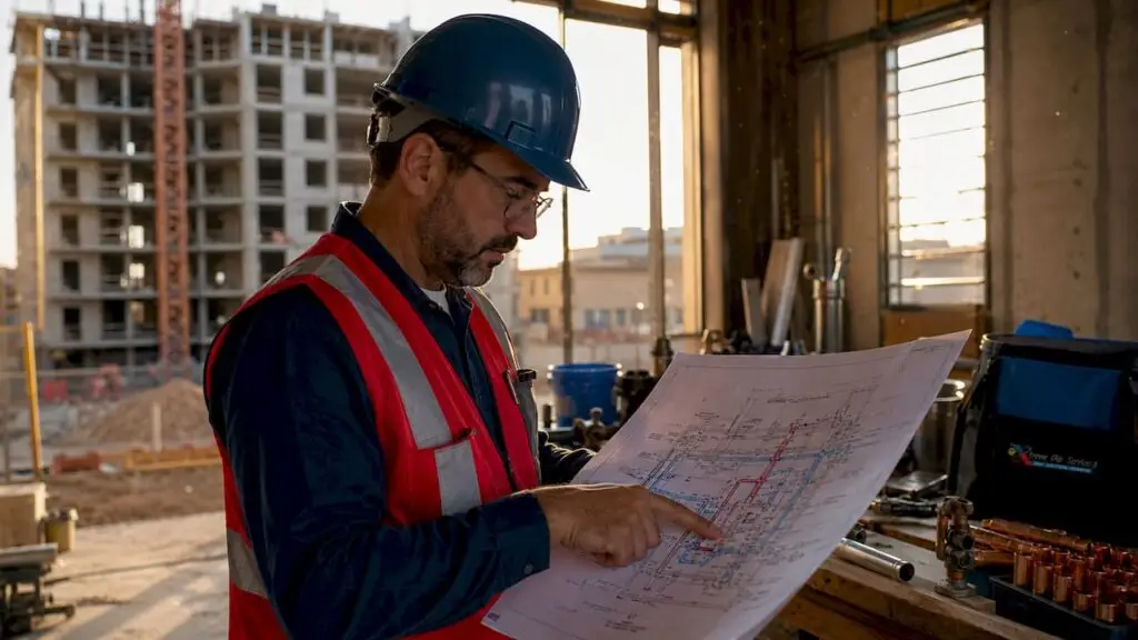Engineer reviewing multi-story plumbing blueprints outdoors