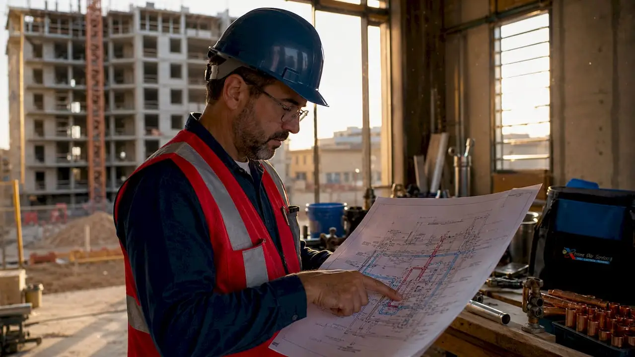Engineer reviewing multi-story plumbing blueprints outdoors