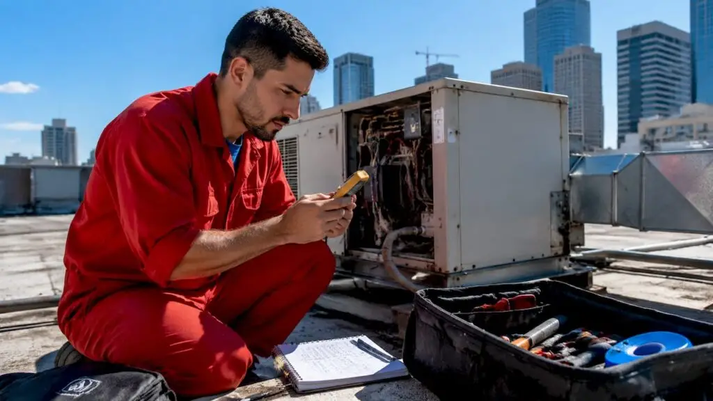 Technician inspecting rooftop commercial heating unit