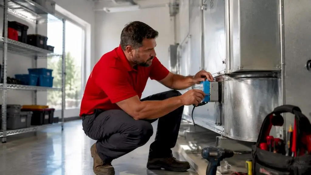 Engineer installing ventilation sensor in mechanical room