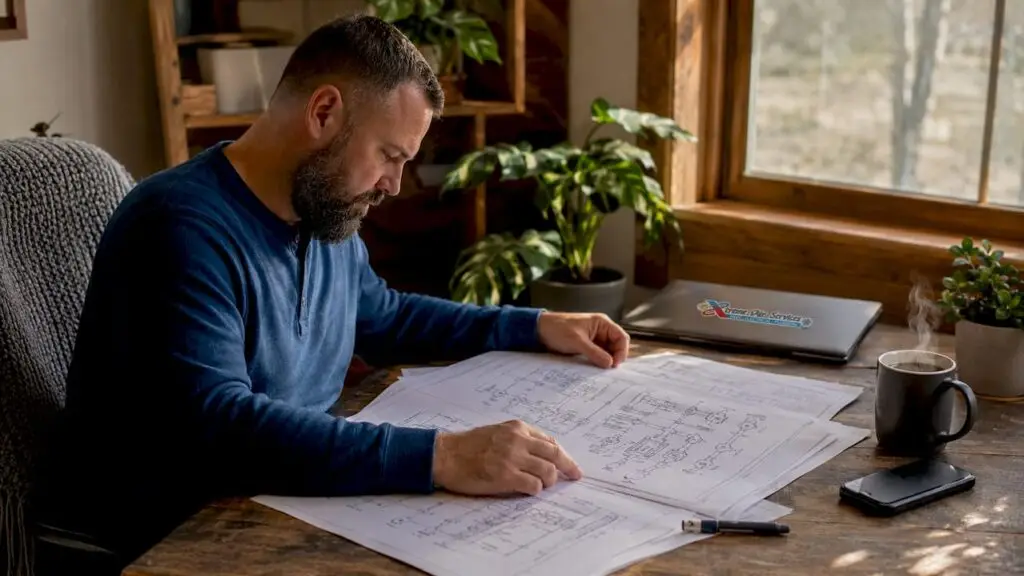 Homeowner reviewing plumbing blueprints at kitchen table
