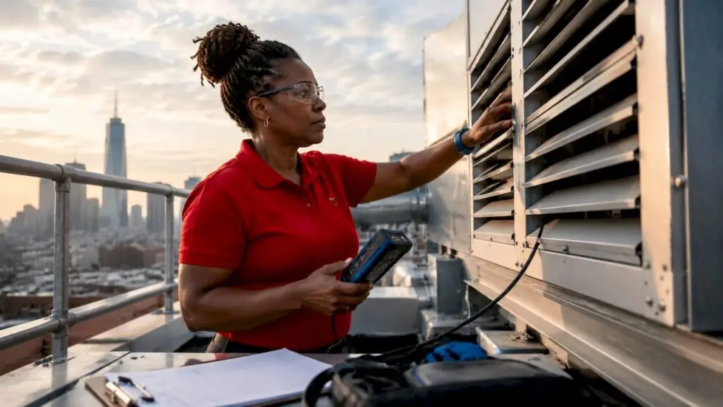 Engineer inspecting fresh air intake louvers on rooftop