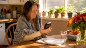 Woman checking indoor air quality monitor at home
