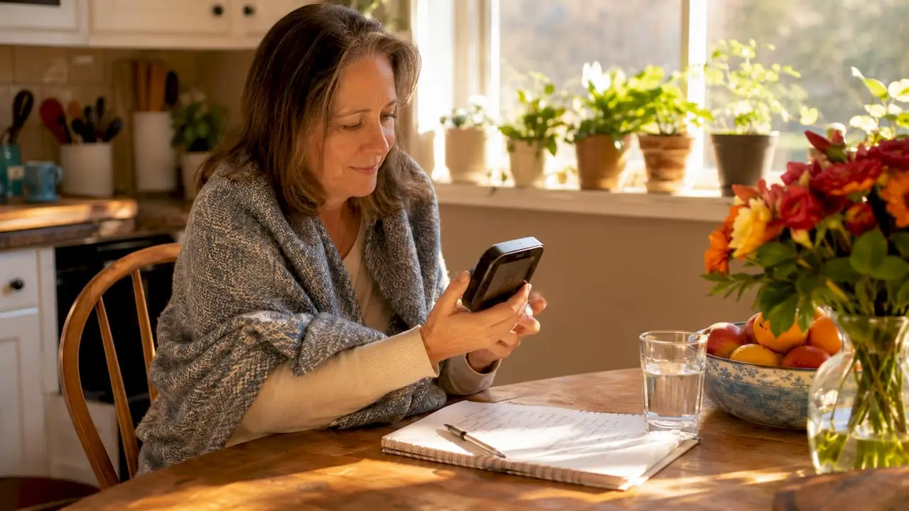 Woman checking indoor air quality monitor at home