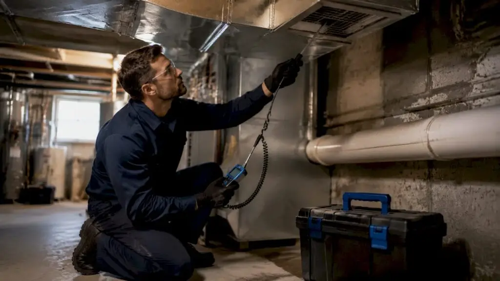 Technician measuring airflow at commercial air duct