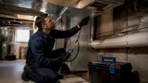 Technician measuring airflow at commercial air duct