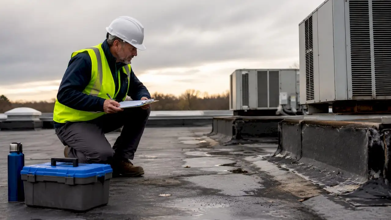 Building manager inspecting commercial roof for leaks