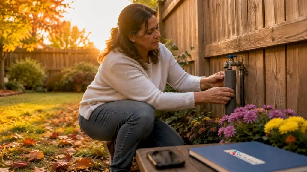 Woman insulating outdoor faucet in yard