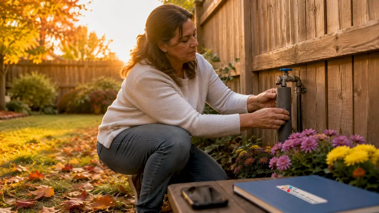 Woman insulating outdoor faucet in yard