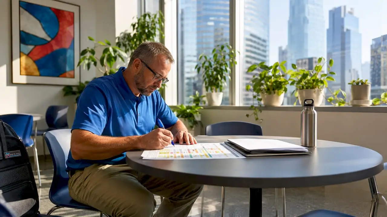 Facility manager reviewing maintenance plan at office