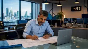 Engineer reviewing building automation system diagrams