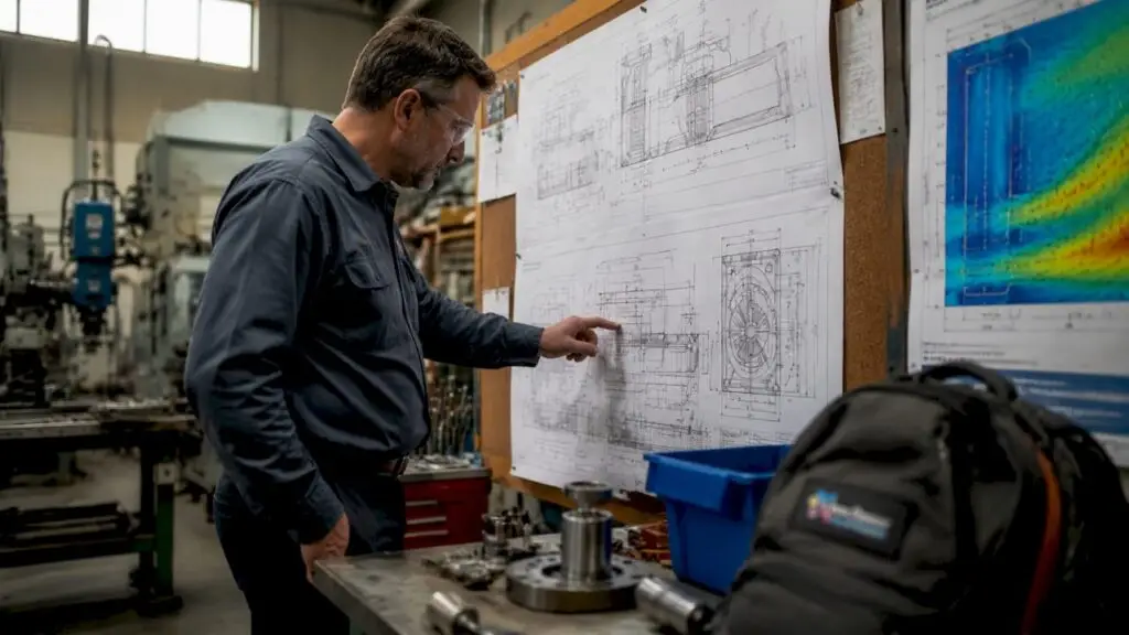 Engineer reviewing ventilation system blueprints