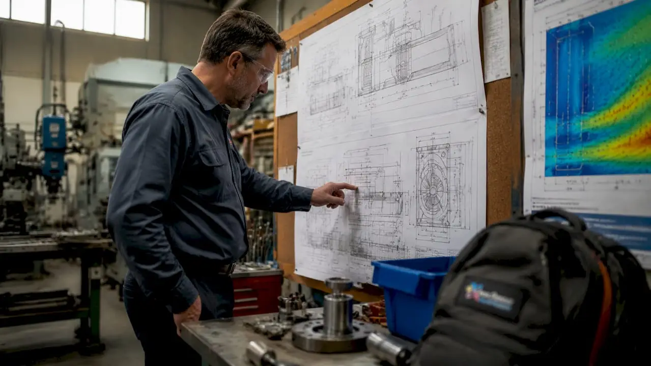 Engineer reviewing ventilation system blueprints