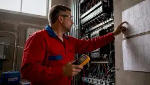 Electrician inspecting commercial electrical panel