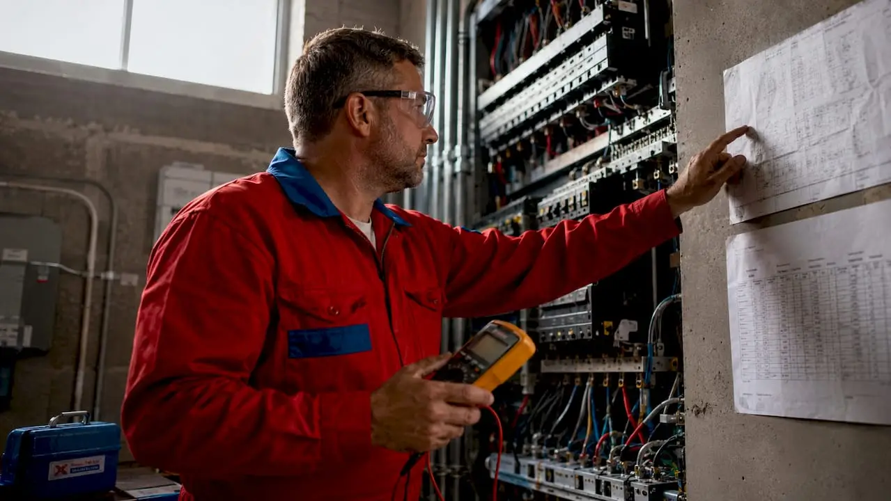Electrician inspecting commercial electrical panel