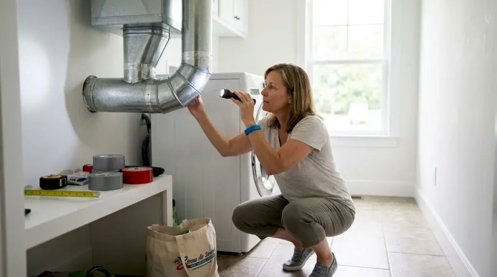 Woman inspecting basement ductwork system