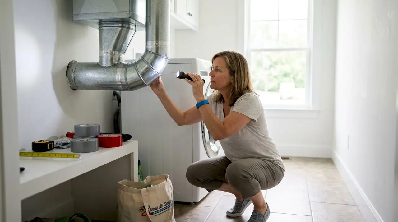 Woman inspecting basement ductwork system