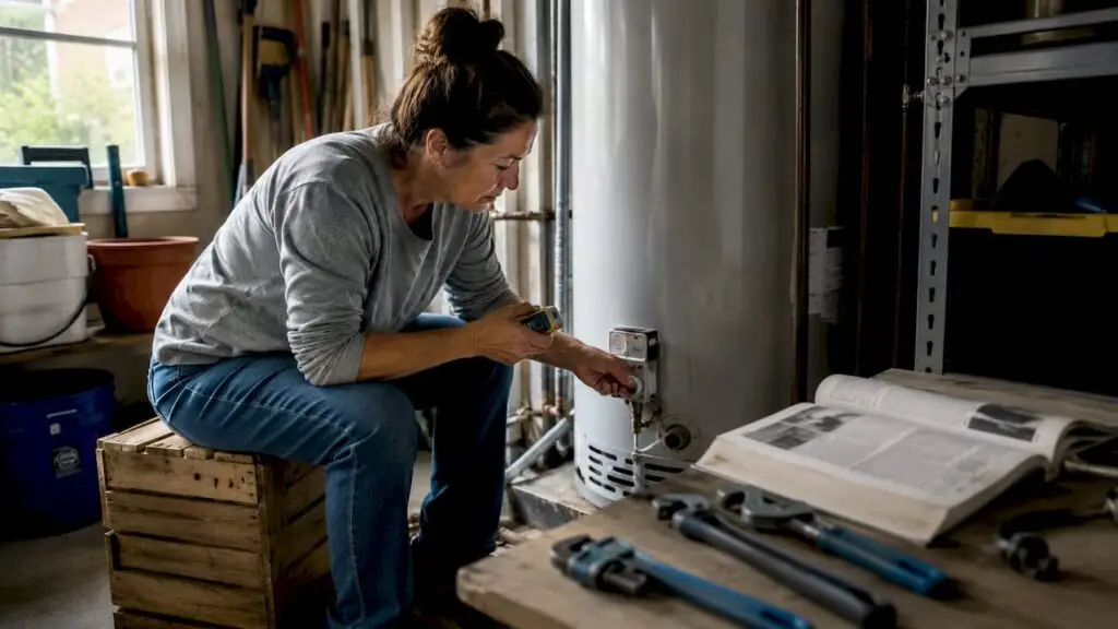 Woman adjusting water heater thermostat