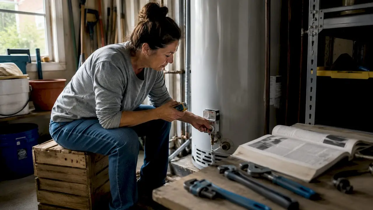 Woman adjusting water heater thermostat