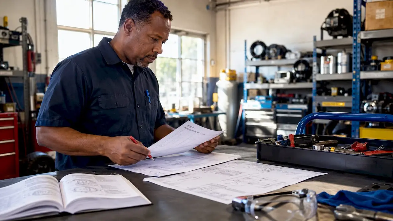 Manager reviewing maintenance checklist at industrial office table